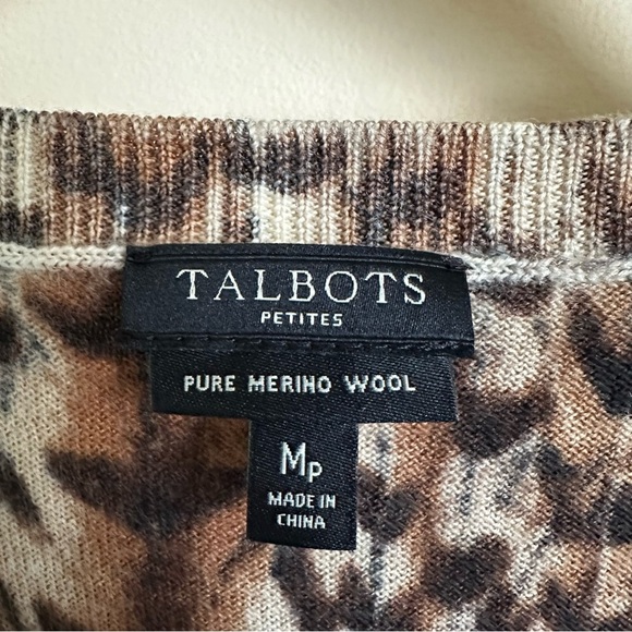 Talbots Petite Medium MP Merino Wool Cardigan Sweater Feather Animal Print Brown - Picture 4 of 5